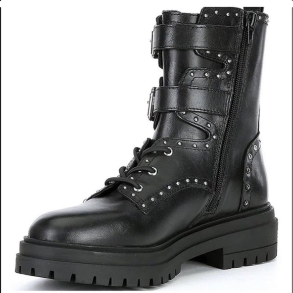 Chelsea & Violet Rhea Studded Leather Lace-Up Buckle Detail Combat Booties - Picture 1 of 4